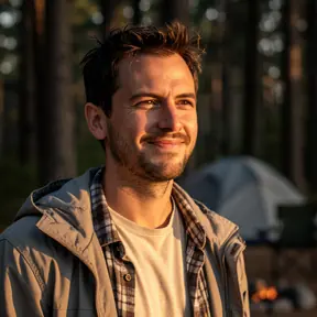 Portrait of a relaxed man in his late 20s outdoors near a campsite, warm natural lighting, blurred forest background, realistic photography, high resolution, genuine and calm expression