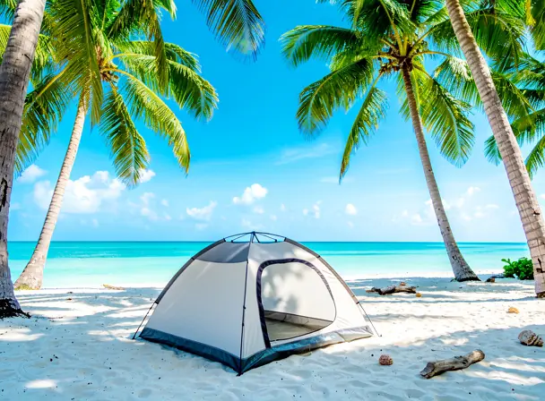 Tropical beach camping scene with palm trees, tent set up on white sand, turquoise ocean, clear blue sky, bright daylight, realistic high resolution photography