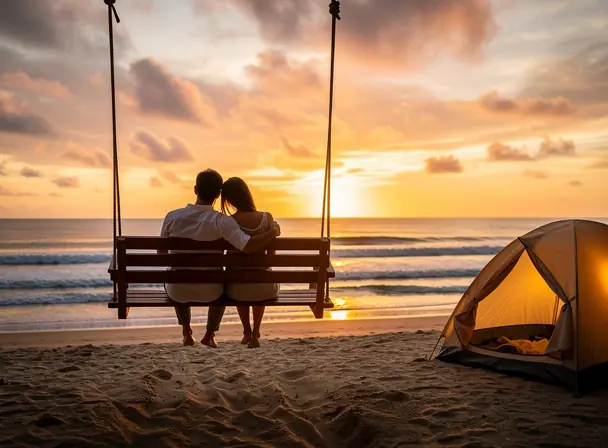 Couple sitting on a wooden swing facing the ocean at sunset, small tent on the beach, warm golden light, peaceful atmosphere, realistic travel photography, high resolution