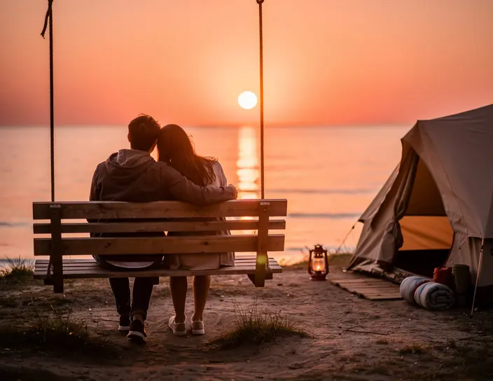 A couple sitting on a wooden swing facing the sea at sunset near a camping tent, peaceful atmosphere, natural light, outdoor travel lifestyle, cinematic, high resolution, warm tones, inspirational travel photography