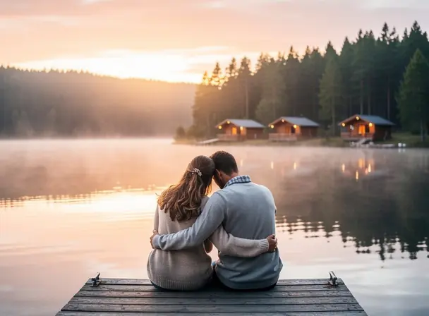 Couple sitting on a wooden pier by a calm lake at sunrise, small cabins and forest in the background, soft mist over the water, warm natural light, peaceful outdoor travel atmosphere, realistic photography, high resolution