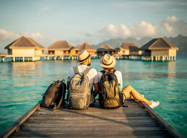Couple with backpacks sitting on a wooden pier overlooking turquoise lagoon and overwater bungalows, soft sunlight, relaxed travel mood, cinematic high resolution photography