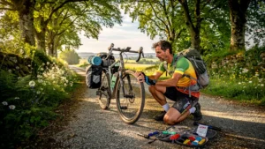 Cycliste réparant une crevaison lente sur la voie verte entre Moncoutant et Parthenay lors d'un vélo-camping