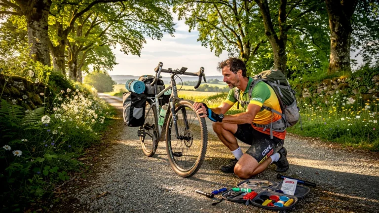 Cycliste réparant une crevaison lente sur la voie verte entre Moncoutant et Parthenay lors d'un vélo-camping
