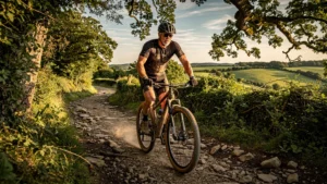 Cycliste sur chemin caillouteux du bocage sans crevaison, vélo tubeless en pleine réussite