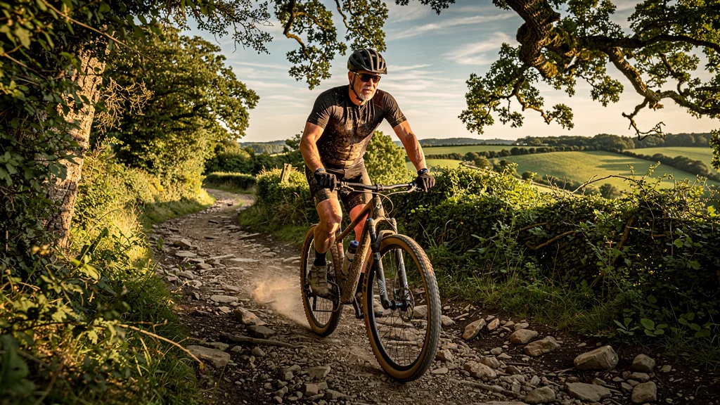 Cycliste sur chemin caillouteux du bocage sans crevaison, vélo tubeless en pleine réussite