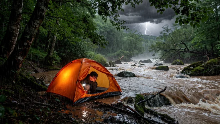 Tente inondée trop près d’un ruisseau sous forte pluie à Moncoutant, scène réaliste et dramatique