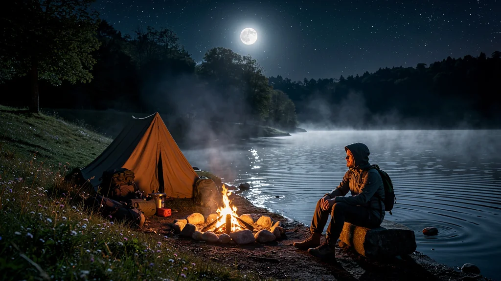 Bivouac au bord du lac de la Touche Poupard un soir de pleine lune avec brume et feu de camp
