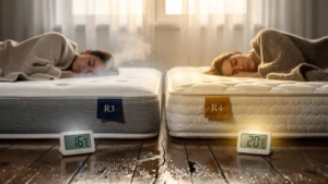 Comparaison thermique matelas R3 et R4 sur sol humide durant quatre nuits d’avril