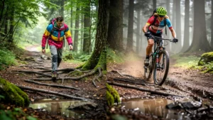 Comparaison réaliste rando à pied et VTT sur circuit boueux de 25 km avec racines mouillées