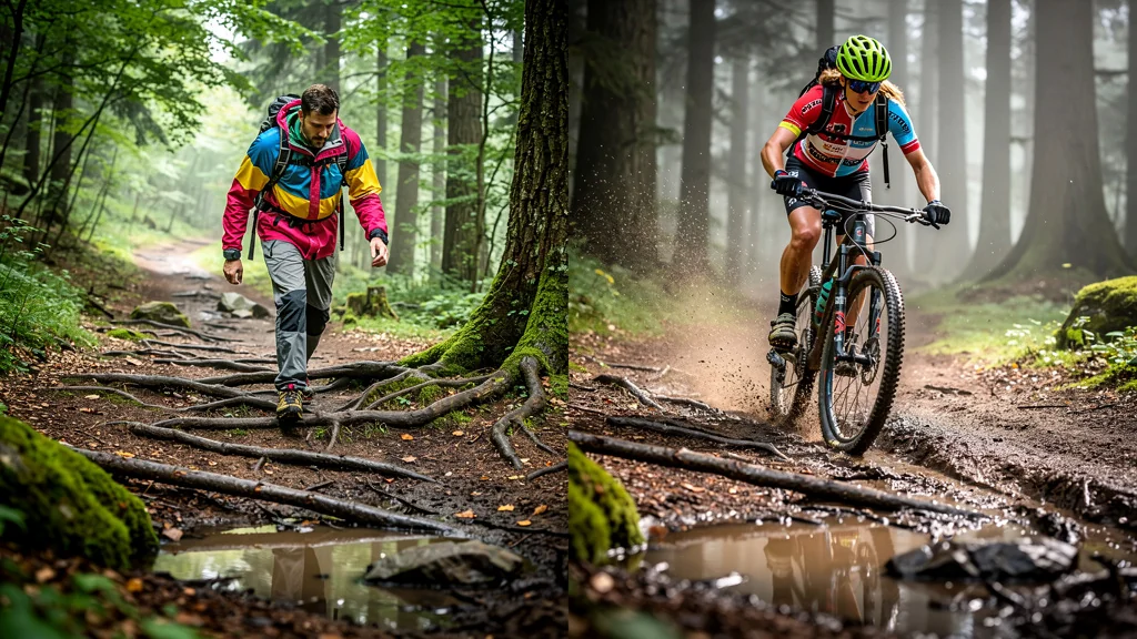 Comparaison réaliste rando à pied et VTT sur circuit boueux de 25 km avec racines mouillées
