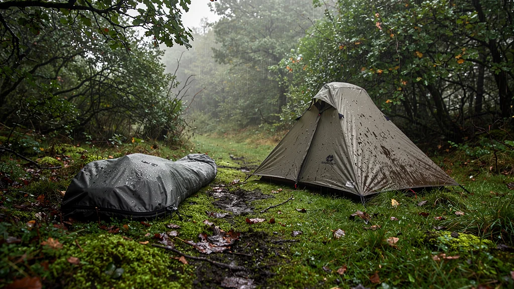 Comparaison réaliste sursac bivy et tente une place après deux nuits humides en bocage verdoyant