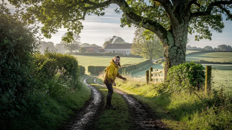 Cycliste découvrant le bocage vert des Deux-Sèvres après une chute dans la boue sur un sentier rural