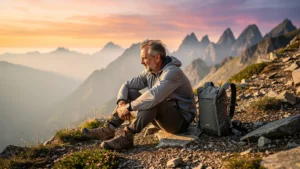 Hiker contemplant l'effort et le manque de confort lié à son matériel léger en montagne au coucher du soleil