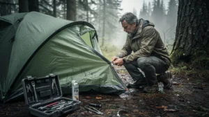 Homme frustré réparant une fermeture éclair de tente cassée, week-end camping gâché, réparation à 60 euros
