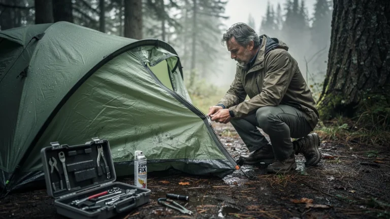 Homme frustré réparant une fermeture éclair de tente cassée, week-end camping gâché, réparation à 60 euros