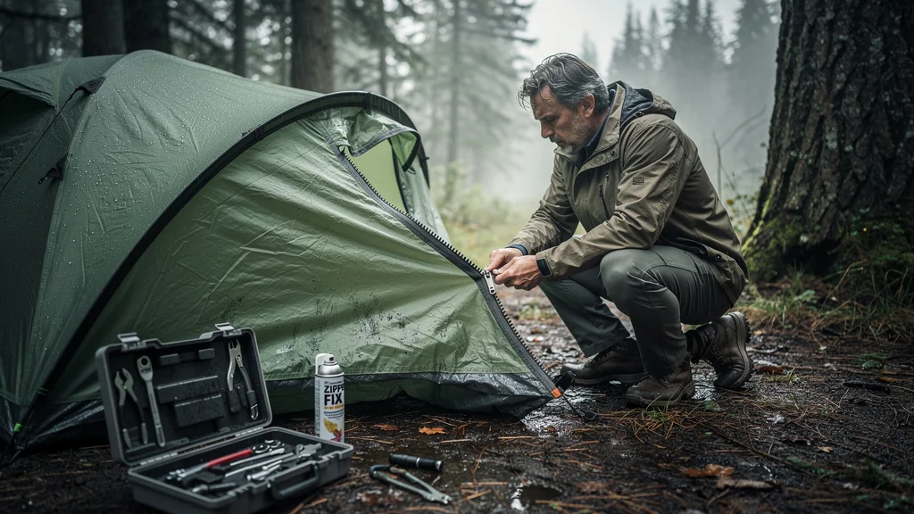 Homme frustré réparant une fermeture éclair de tente cassée, week-end camping gâché, réparation à 60 euros