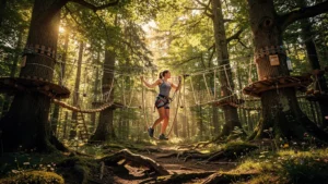 Femme en train d'accrobranche en forêt après deux heures de grimpe, expérience immersive et intense