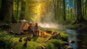 Camping nature à Moncoutant avec couple autour du feu, forêt luxuriante et ambiance paisible en plein air