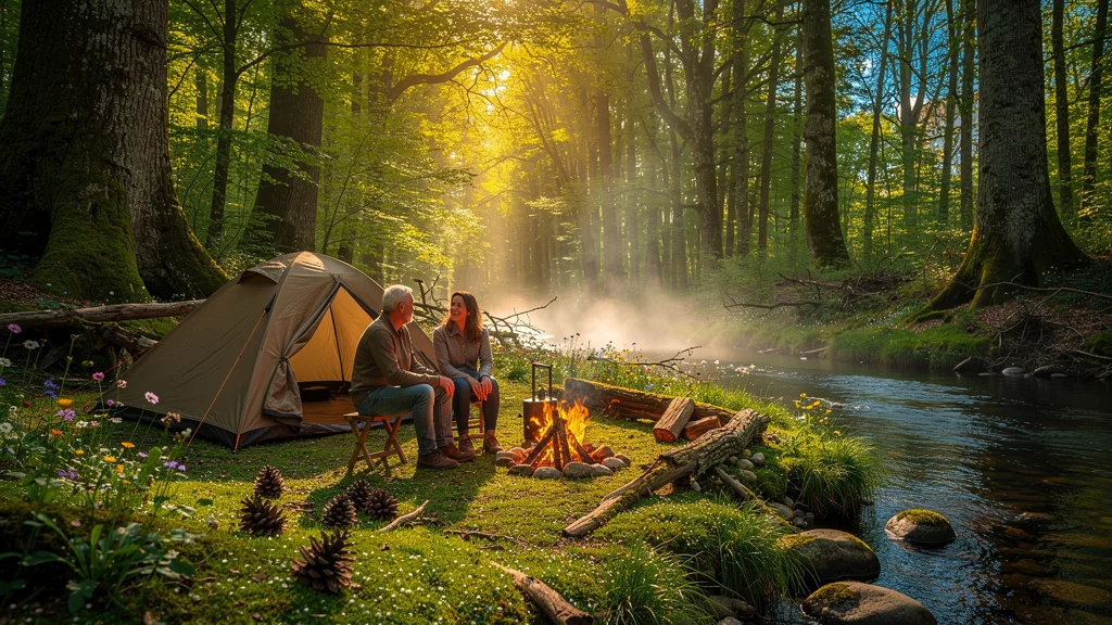 Camping nature à Moncoutant avec couple autour du feu, forêt luxuriante et ambiance paisible en plein air