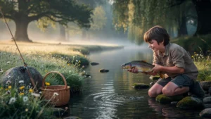 Jeune pêcheur attrapant sa première truite dans le ruisseau de Moncoutant au lever du jour