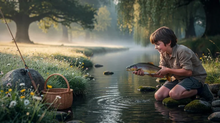 Jeune pêcheur attrapant sa première truite dans le ruisseau de Moncoutant au lever du jour