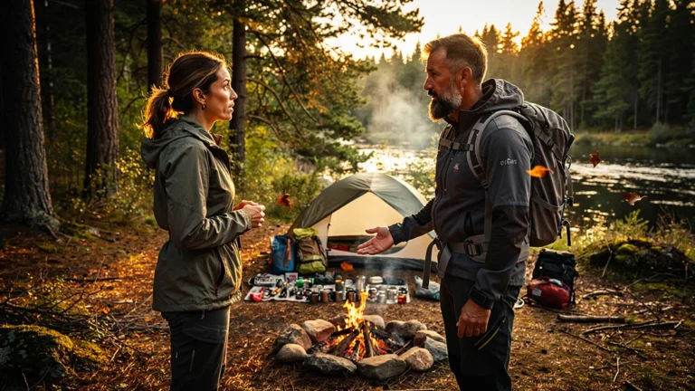 Instantané hyperréaliste d’un couple en bivouac discutant sur leurs habitudes figées en camping
