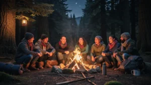 Feu de camp improvisé réunissant huit campeurs inconnus un soir en forêt, ambiance chaleureuse et conviviale