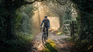 Cycliste électrique dans un chemin creux du bocage, gâchant la sérénité du paysage rural traditionnel
