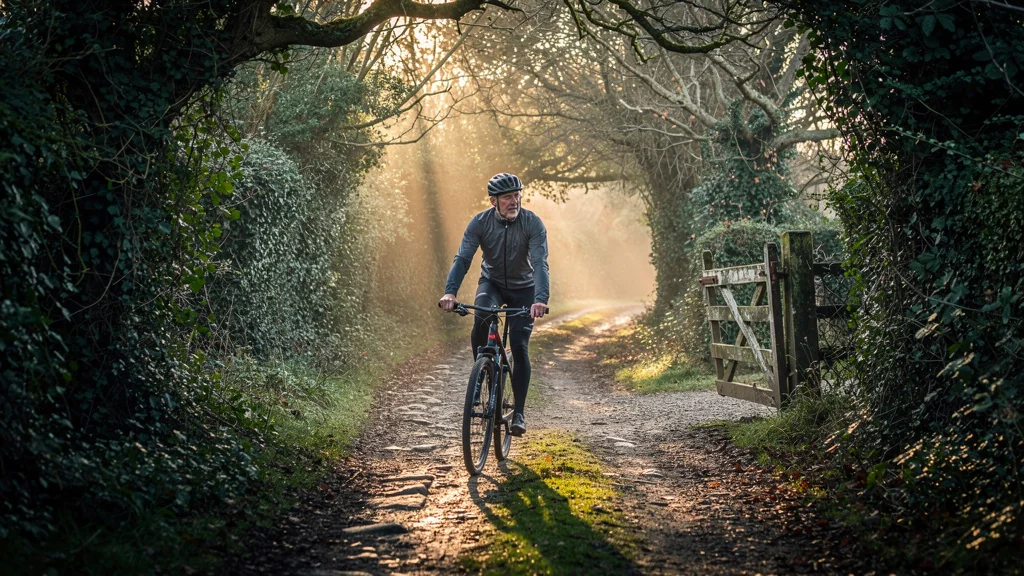 Cycliste électrique dans un chemin creux du bocage, gâchant la sérénité du paysage rural traditionnel
