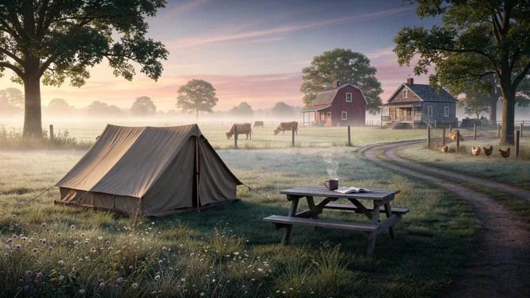 Campement paisible à la ferme au lever du soleil, idéal pour chercher le calme loin des campings 3 étoiles