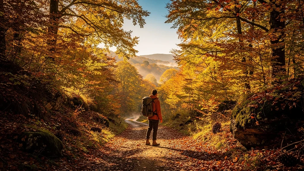 Sentiers de randonnée autour de Moncoutant en automne avec couleurs vives et ambiance paisible