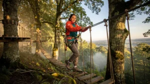 Première sortie accrobranche dans les arbres centenaires près de Moncoutant avec harnais mal réglé