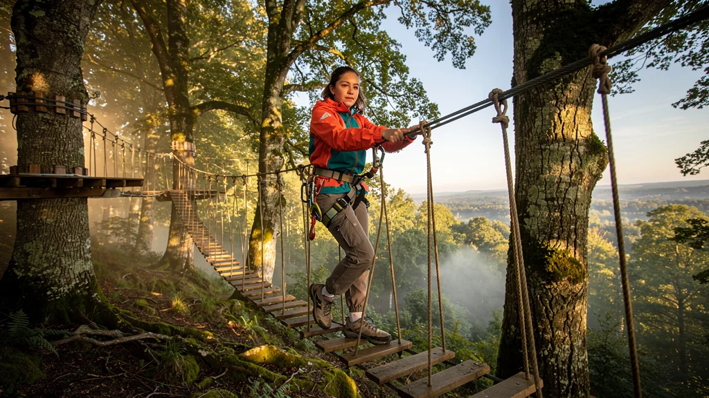 Première sortie accrobranche dans les arbres centenaires près de Moncoutant avec harnais mal réglé