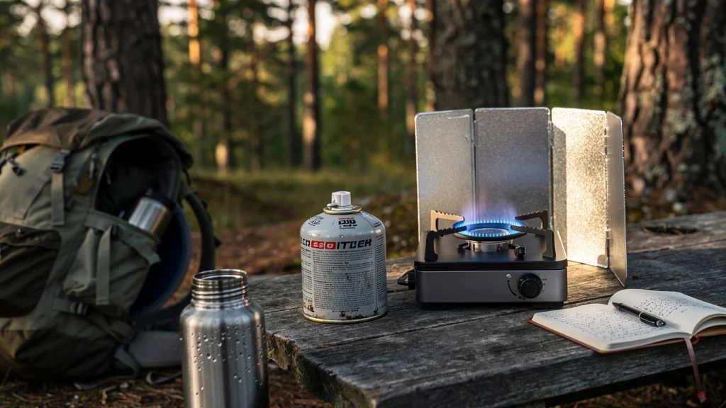 Mesure précise de la durée d'une cartouche gaz 230g sur trois jours de bivouac avec et sans pare-vent