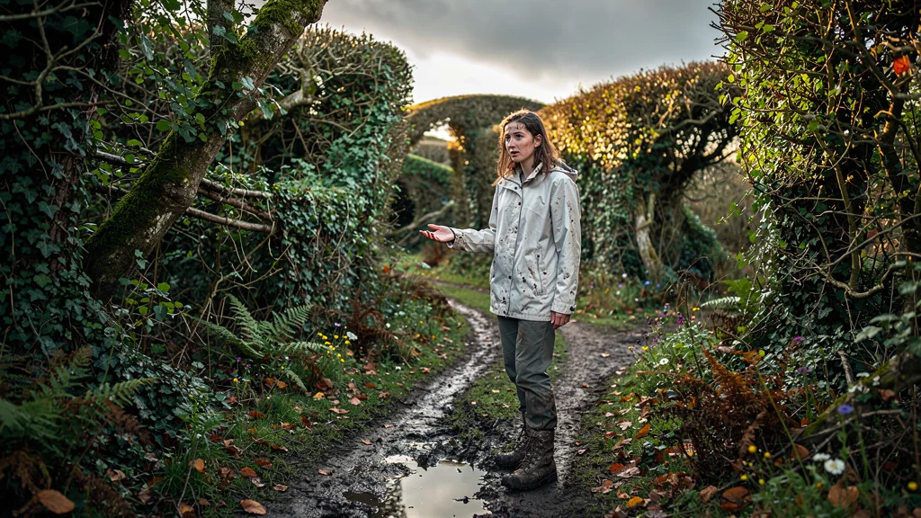 Femme perdue dans le bocage sans carte IGN, chemin boueux et haies denses sous lumière douce