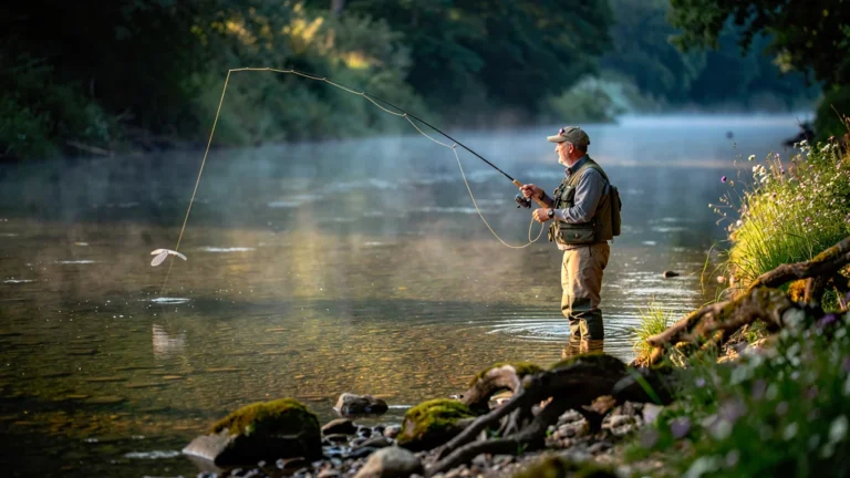 Pêche à la mouche dans les Deux-Sèvres au lever du jour, rivière paisible et pêcheur concentré