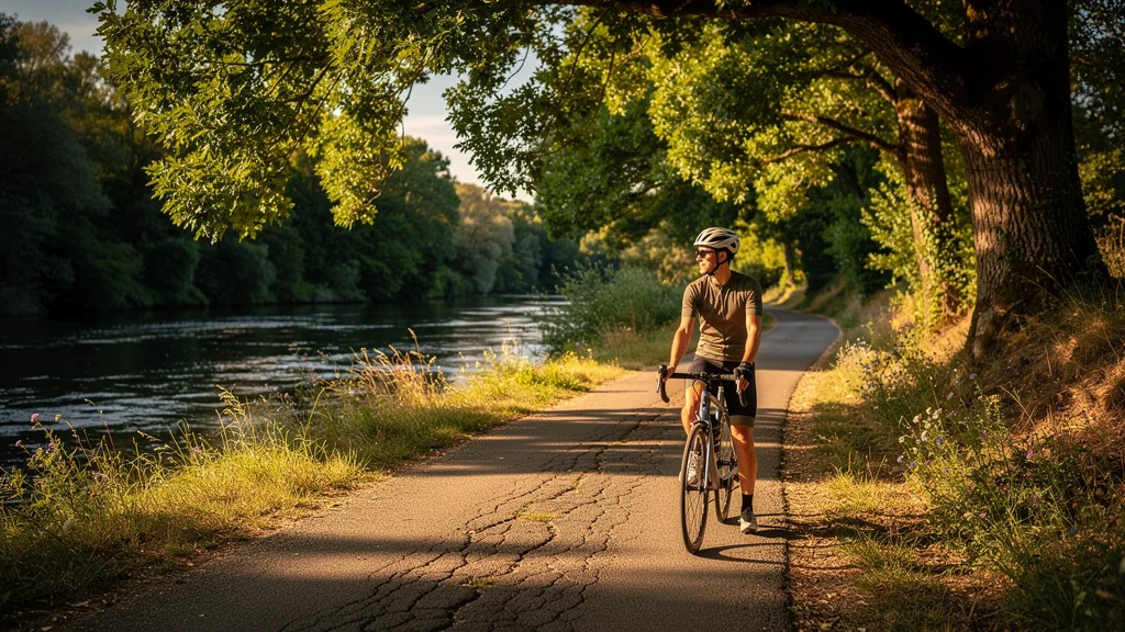 Cycliste solitaire sur la voie verte du Thouet, silence et nature en parfaite harmonie