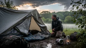 Tente inondée à Secondigny après un orage, illustrant l'importance d'un abri solide en pleine nature