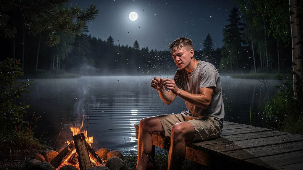 Nuit d'été au bord d'un lac envahie par des moustiques en juillet, une lutte contre l'inconfort