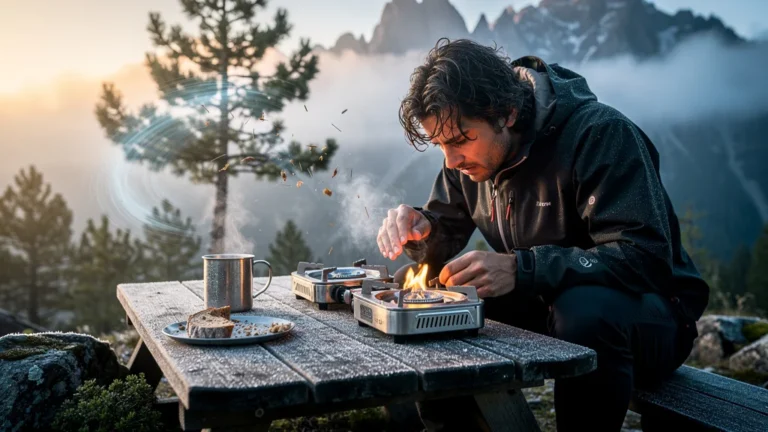 Test de deux réchauds à gaz lors d’un petit-déjeuner au bivouac par matin venteux