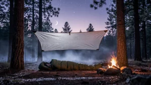 Bivouac minimaliste deux nuits avec tarp et sac de couchage en forêt éclairé par feu de camp