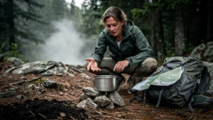 Scène réaliste d’une popote en titane inutilisée lors d’un court séjour de camping