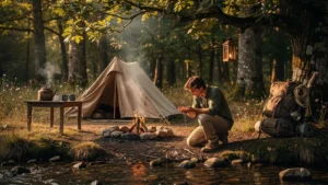 Campement sans électricité ni eau courante près de Moncoutant avec tente et feu de camp en forêt