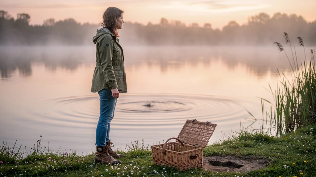 Femme au bord des étangs de Pescalis sans épuisette, retour bredouille en pêche matinale paisible