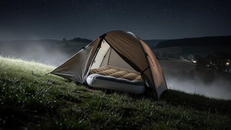 Tente glissant sur une pente douce à Argentonnay la nuit avec matelas gonflable amplifiant la glissade