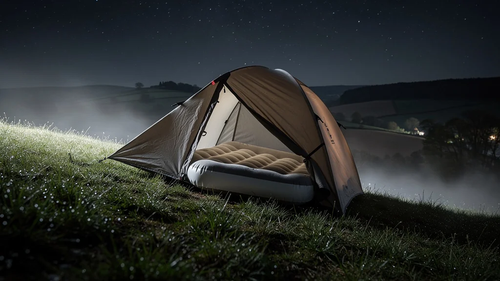 Tente glissant sur une pente douce à Argentonnay la nuit avec matelas gonflable amplifiant la glissade