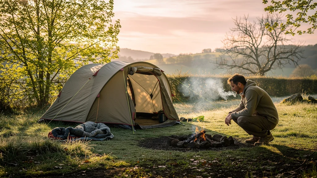 Campement en Gâtine un matin de mai, ambiance fraîche et lumière douce au lever du jour