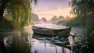 Barque solitaire dans le calme du Marais poitevin au lever du jour, silence apaisant et rythme ralenti