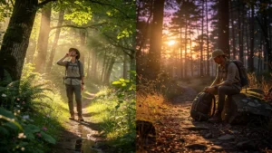 Comparaison de la rando du matin et du soir dans la forêt de Chizé en été, ambiance et lumière différentes
